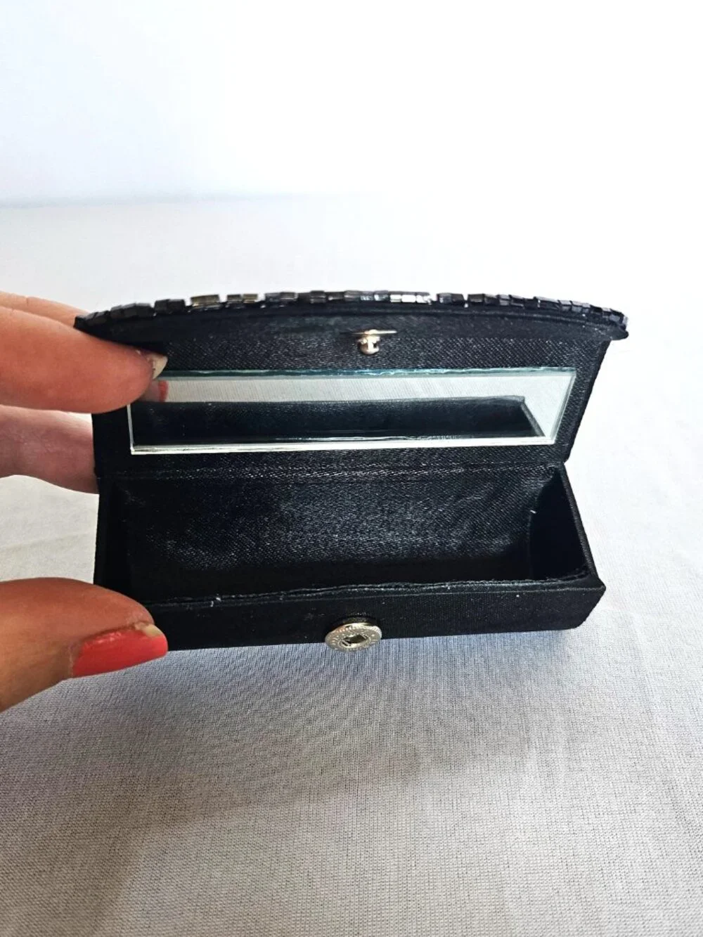 Vintage Black Satin Beaded Lipstick Case | Mirror Snap Closure